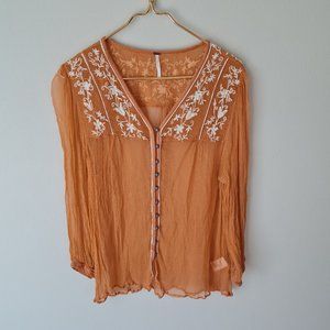 Free People Orange Sheer embroidered top Sz S
